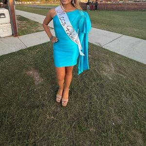 One-Shoulder Blue Dress with Sash
